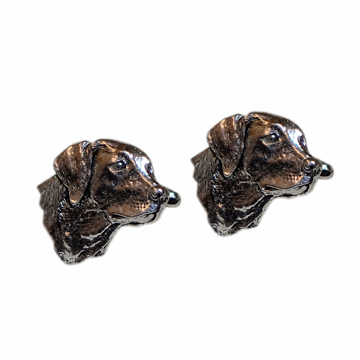 Pair of Farley's Labrador Head Cufflinks in English made pewter on a white background