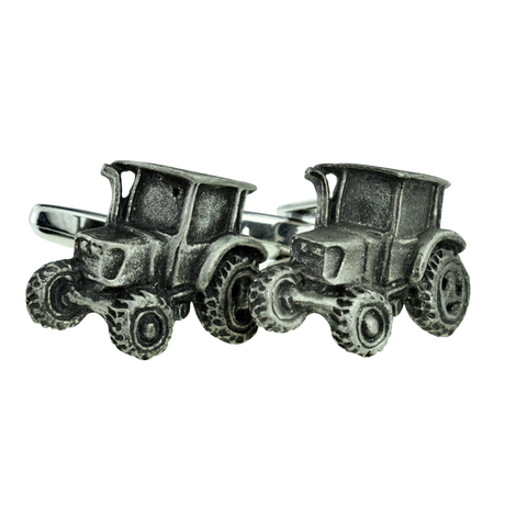 Pair of Farley's Modern Farm Tractor Cufflinks in dark grey English pewter on a white background