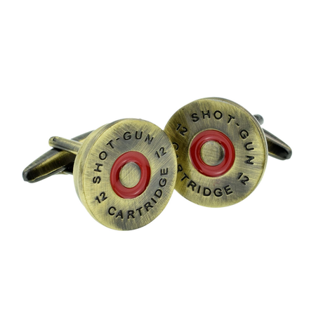Pair of Farley's shotgun cartridge cap cufflinks with an antique brass-tone finish and red centre rings