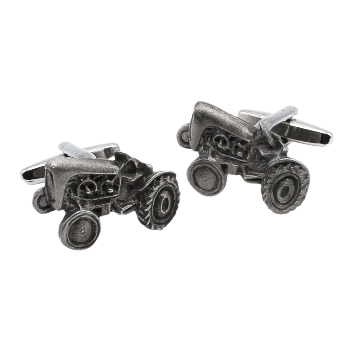 Pair of Farley's Vintage Tractor Cufflinks with an antique grey finish on a white background