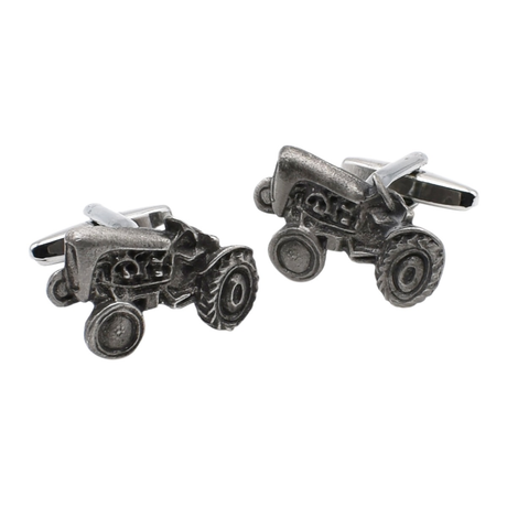 Pair of Farley's Vintage Tractor Cufflinks with an antique grey finish on a white background