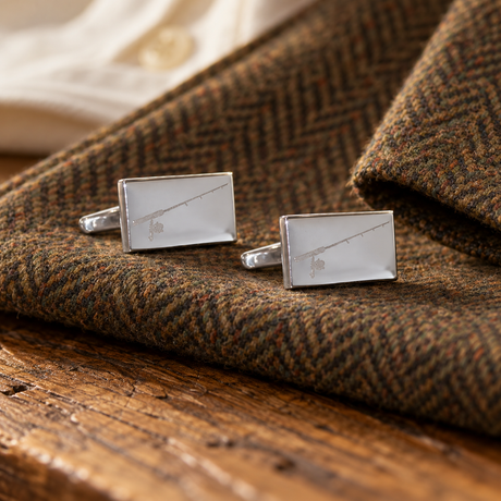 FARLEY'S Fishing Rod Design Engraved Cufflinks on country tweed