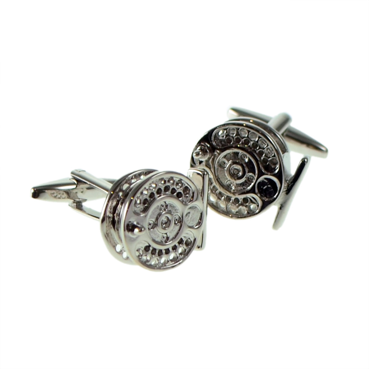 FARLEY'S Large Rhodium Plated Fishing Reel Cufflinks