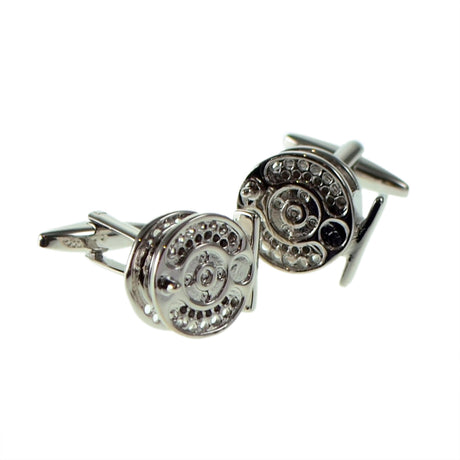 FARLEY'S Large Rhodium Plated Fishing Reel Cufflinks
