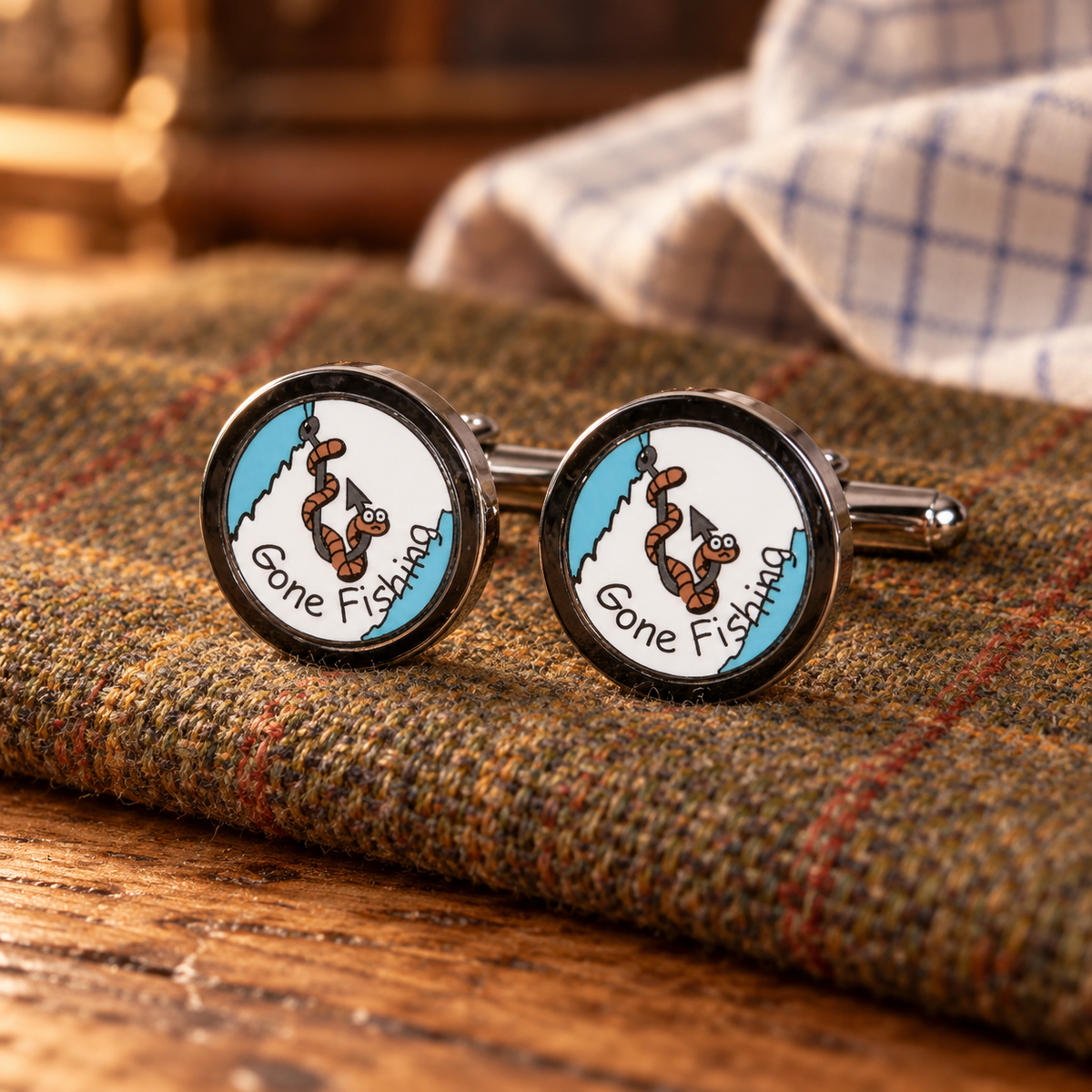 FARLEY'S Gone Fishing Fisherman's Cufflinks on tweed and oak