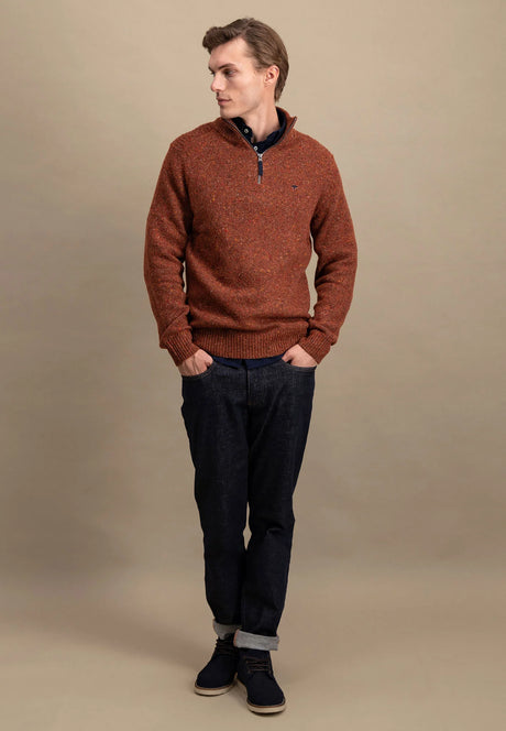 30% OFF - FYNCH HATTON Troyer 1/4 Zip Donegal Knit - Men's – Flame - Size: SMALL