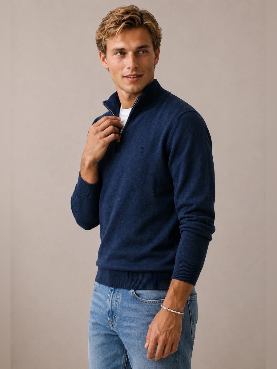 FYNCH HATTON 1/4 Zip Sweater - Men's Fine Knit Air Cotton – Ink Blue - view 2