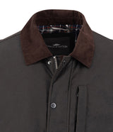 Fynch Hatton men's barn jacket in Anthracite – close-up of the brown corduroy collar, zip and press-stud placket