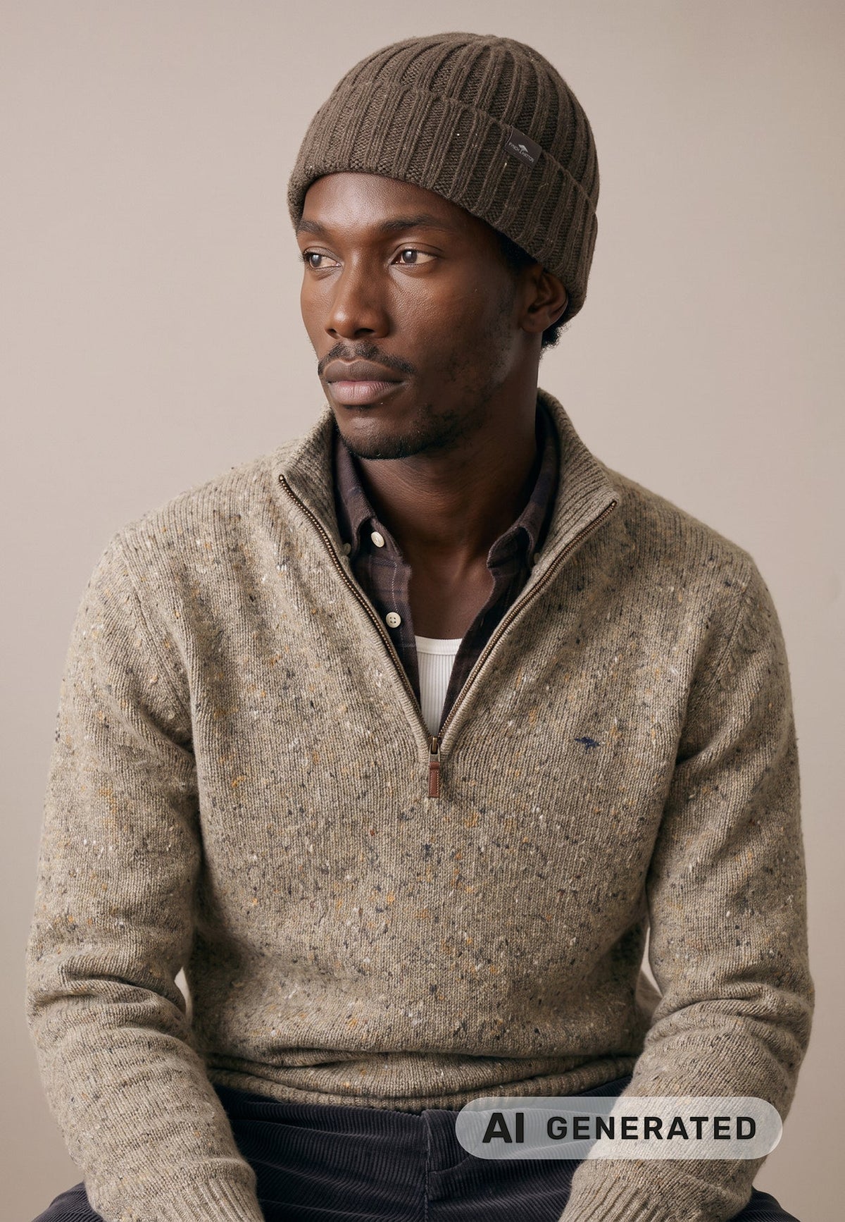 Fynch Hatton brand-supplied AI-generated model wearing the men's Donegal wool quarter-zip jumper in Clay