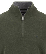 Fynch Hatton men's troyer 1/4 zip merino cashmere sweater in Cypress – close-up of the quarter zip, stand collar and knitted fabric