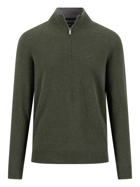 Fynch Hatton men's troyer 1/4 zip merino cashmere sweater in Cypress – front view