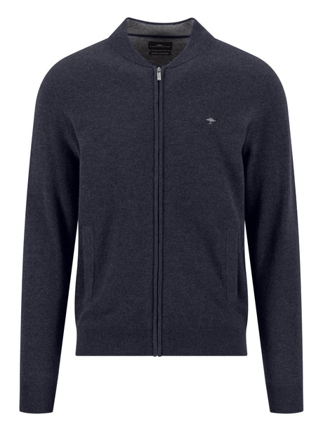 Fynch Hatton men's full zip merino cashmere cardigan in Navy – front view