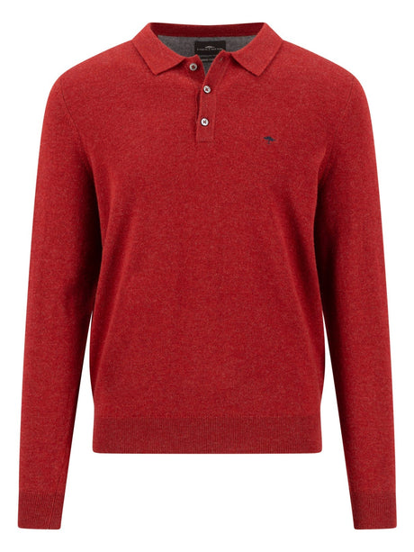 Fynch Hatton men's long sleeve merino cashmere knitted polo in Brick – front view