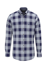 Fynch Hatton men's blue flannel check button-down shirt in Navy – front view