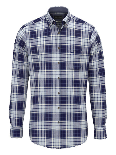 Fynch Hatton men's blue flannel check button-down shirt in Navy – front view
