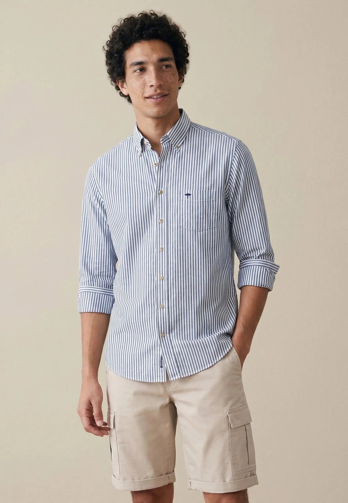 FYNCH HATTON Poplin Stripe Shirt - Men's Cotton Button-Down – Navy - view 2