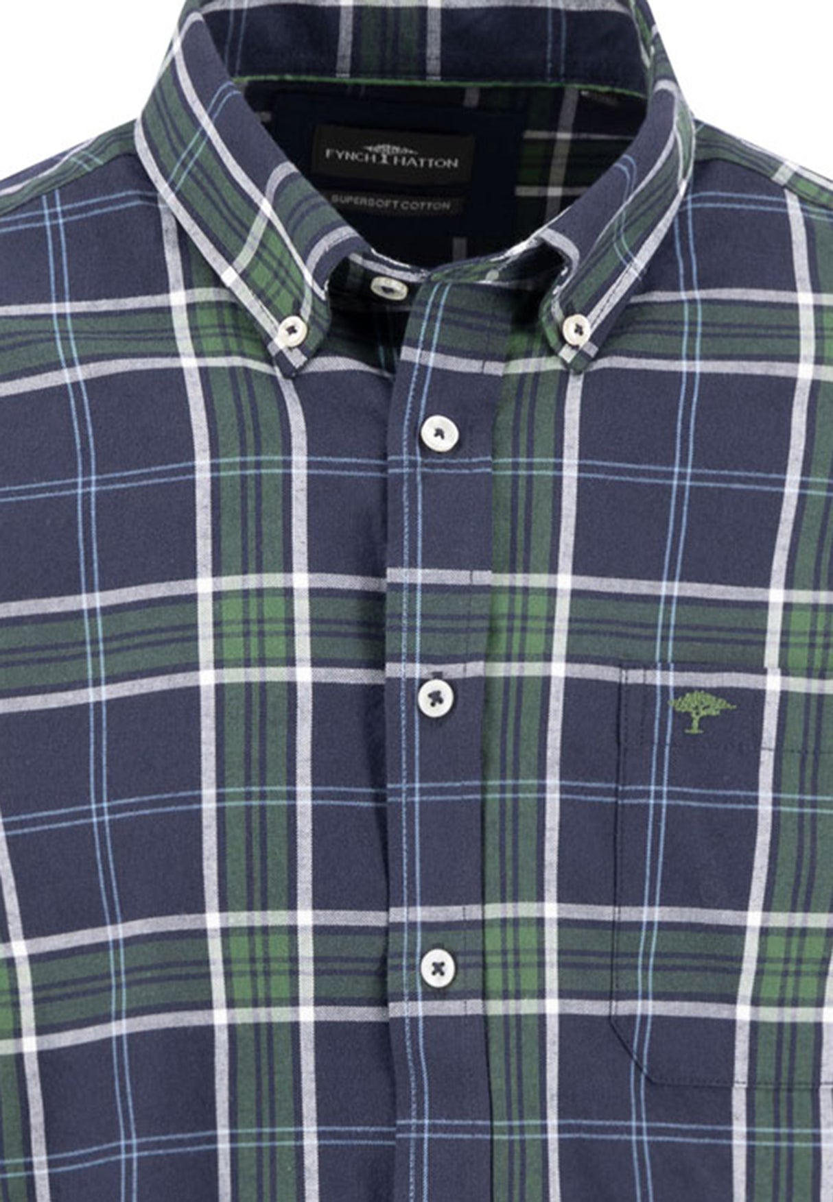FYNCH HATTON Checked Cotton Shirt – Men’s Button-Down – Green/Blue