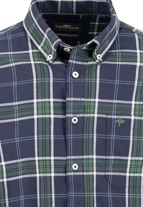 FYNCH HATTON Checked Cotton Shirt – Men’s Button-Down – Green/Blue