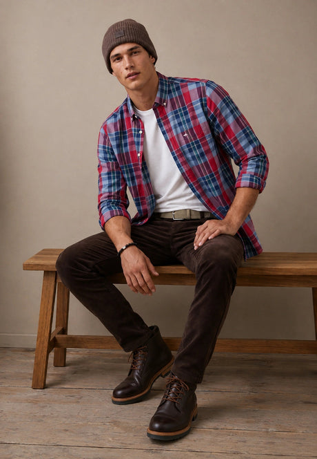 FYNCH HATTON Colourful Check Shirt - Men's Cotton Button-Down – Grape - view 2