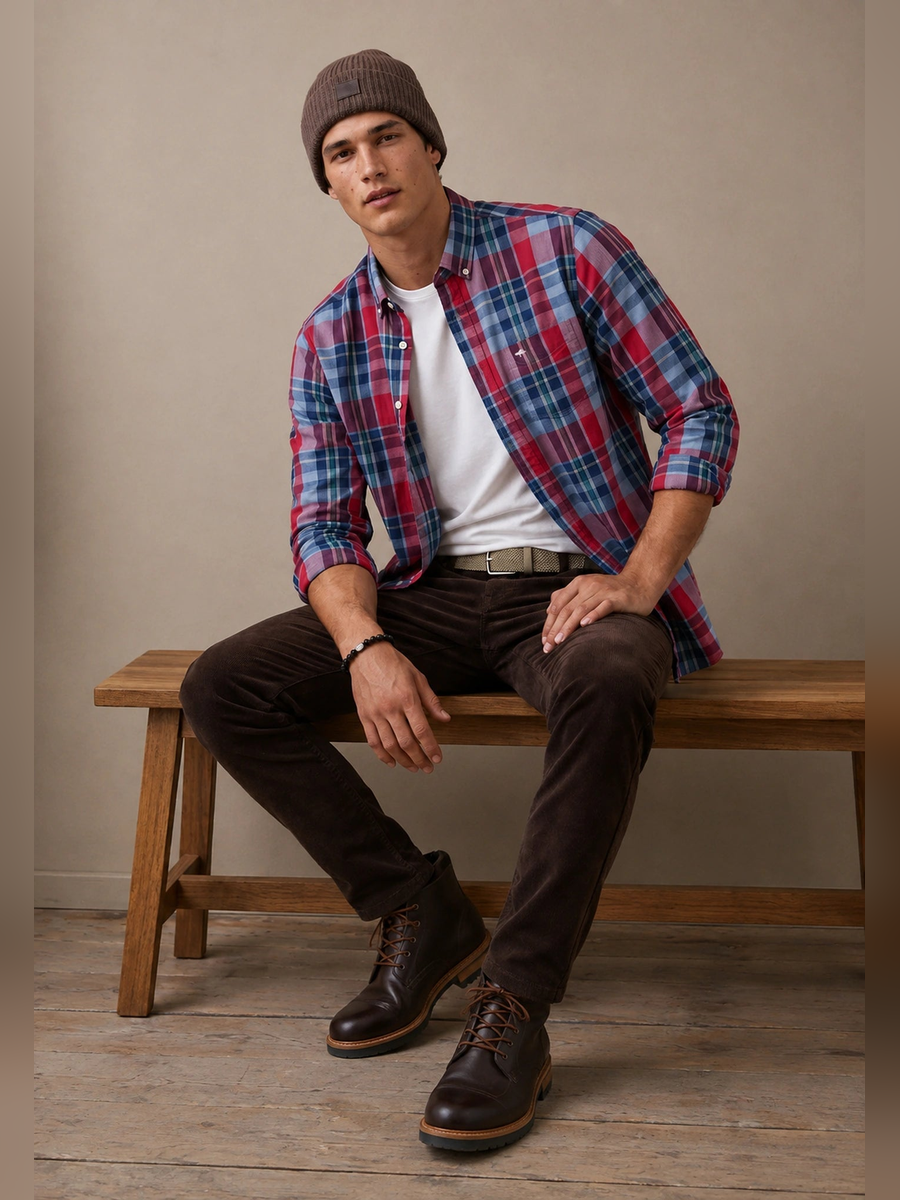 FYNCH HATTON Colourful Check Shirt - Men's Cotton Button-Down – Grape - view 2