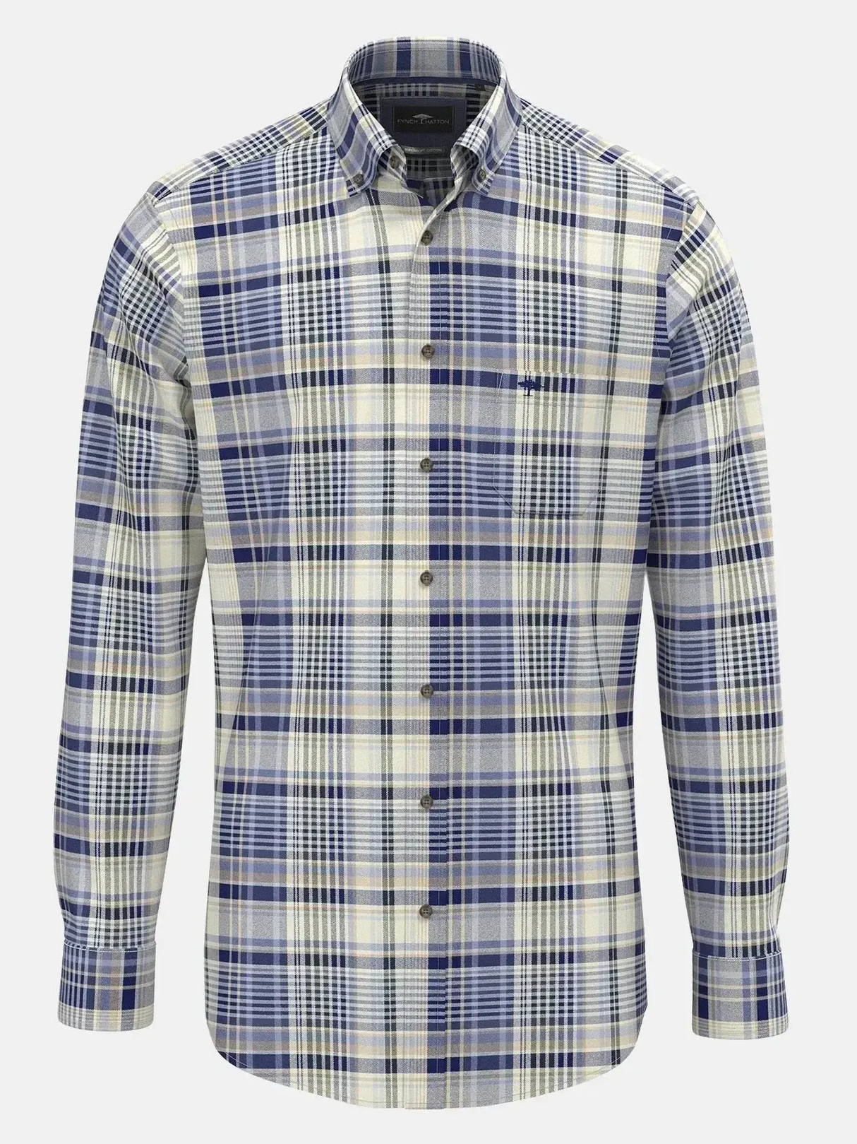 FYNCH HATTON Cotton Flannel Check Shirt – Men's Button-Down – Misty Blue
