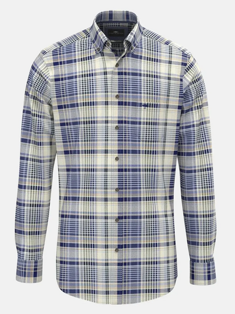 FYNCH HATTON Cotton Flannel Check Shirt – Men's Button-Down – Misty Blue
