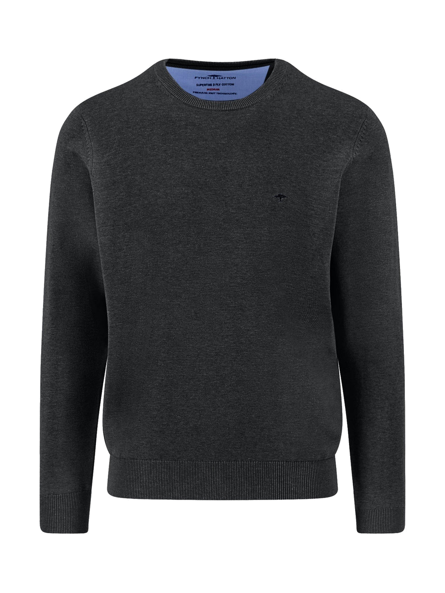 FYNCH HATTON Crew Neck Sweater - Men's Fine Knit Cotton – Black