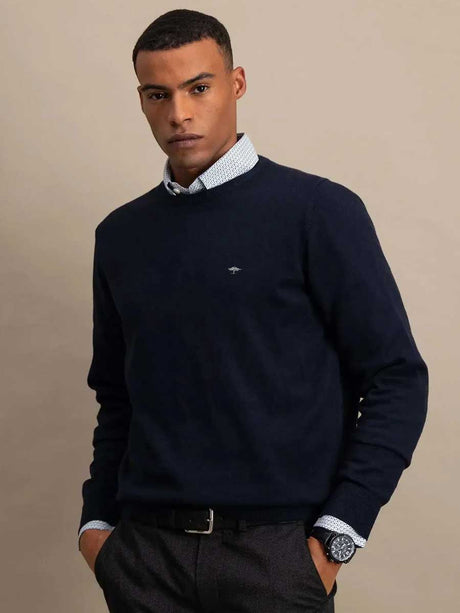 FYNCH HATTON Crew Neck Sweater - Men's Fine Knit – Navy