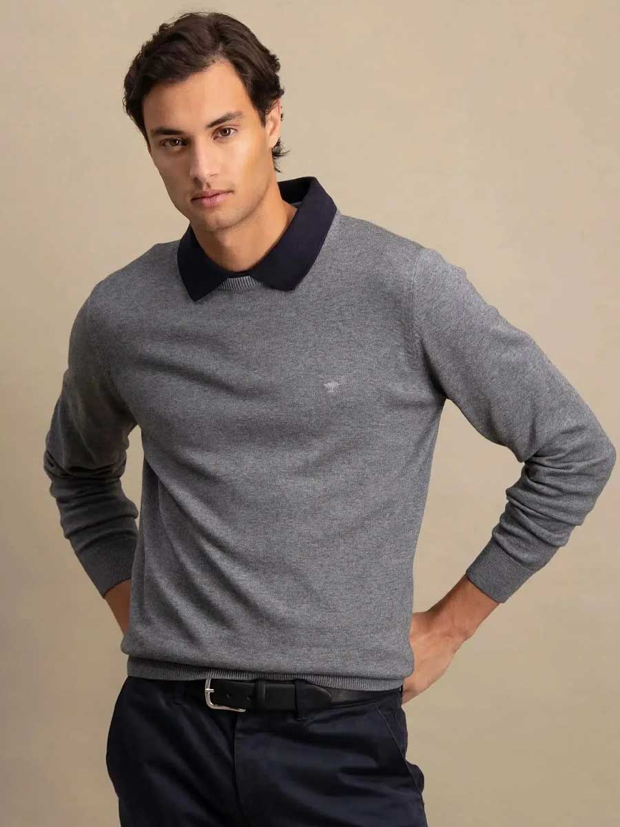 FYNCH HATTON Crew Neck Sweater - Men's Fine Knit – Steel