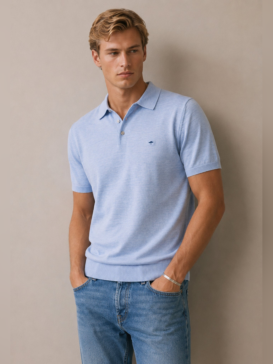 FYNCH HATTON Fine Gauge Knitted Polo Shirt - Men's Merino Wool – Air Blue - view 2