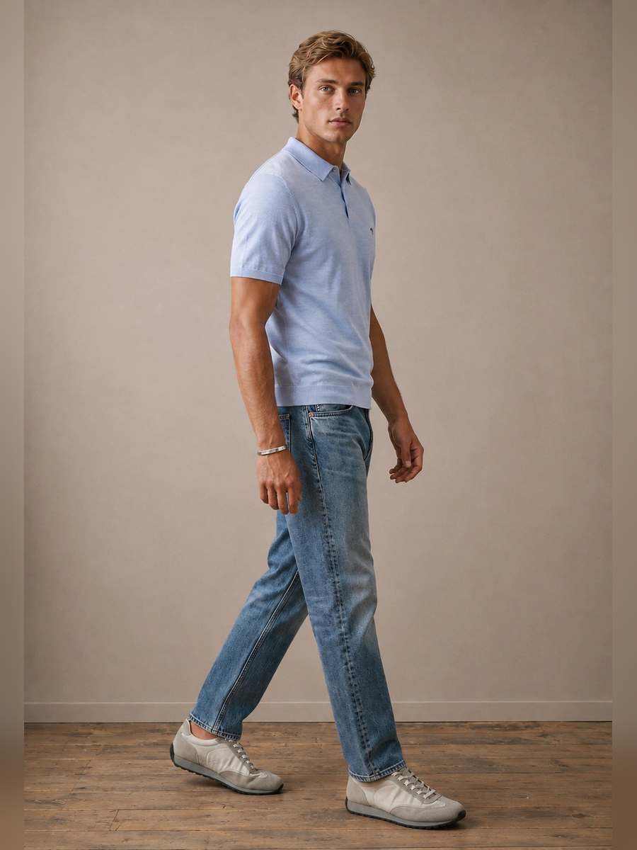 FYNCH HATTON Fine Gauge Knitted Polo Shirt - Men's Merino Wool – Air Blue - view 3