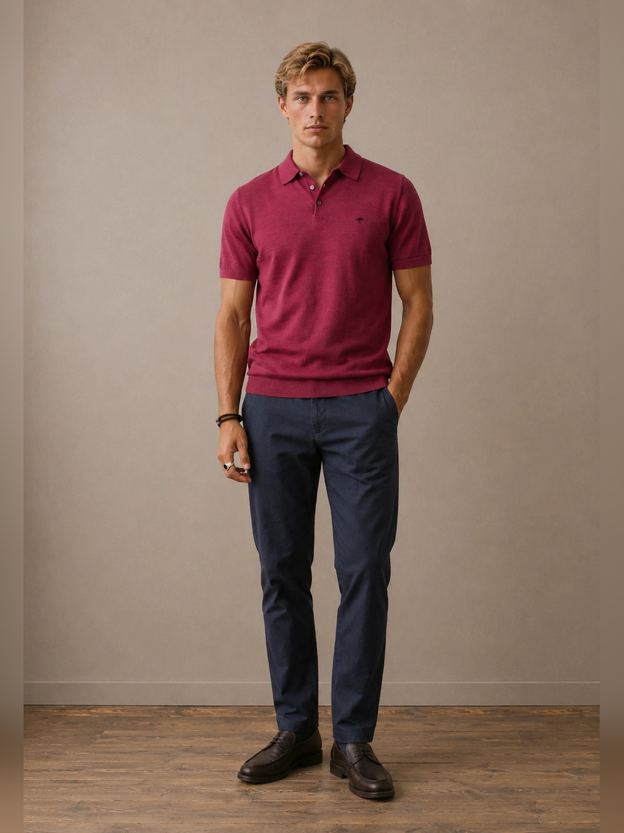 FYNCH HATTON Fine Gauge Knitted Polo Shirt - Men's Merino Wool – Grape - view 4