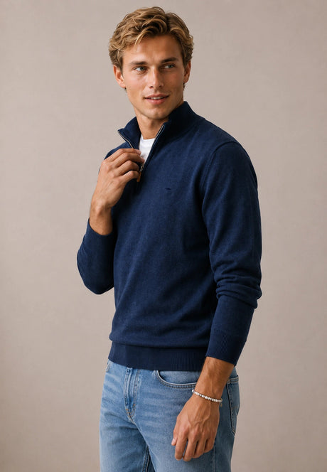 FYNCH HATTON 1/4 Zip Sweater - Men's Fine Knit Air Cotton – Ink Blue - view 2