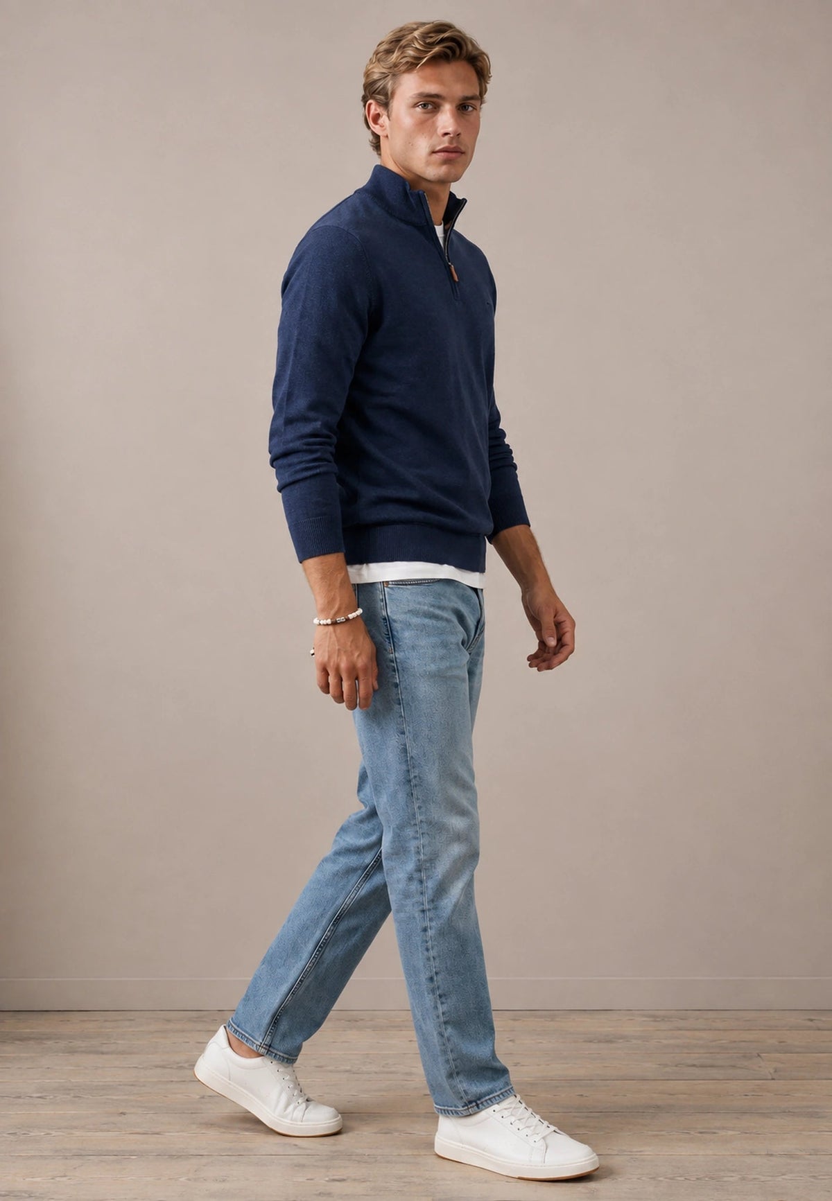 FYNCH HATTON 1/4 Zip Sweater - Men's Fine Knit Air Cotton – Ink Blue - view 4