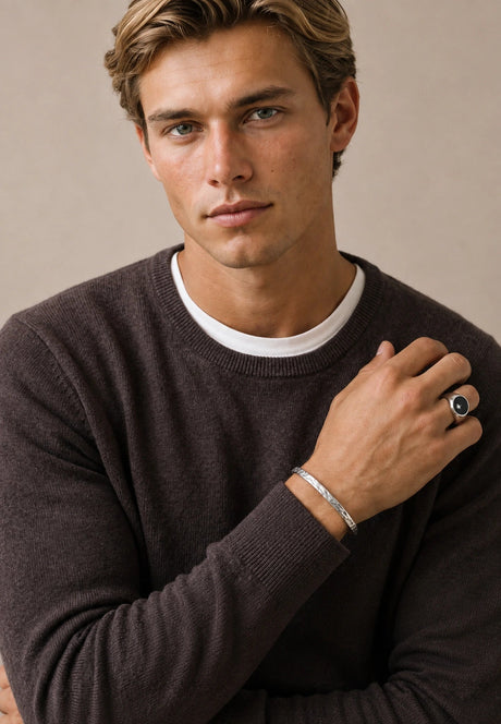 FYNCH HATTON Crew Neck Sweater - Men's Fine Knit Cotton – Soil - view 5