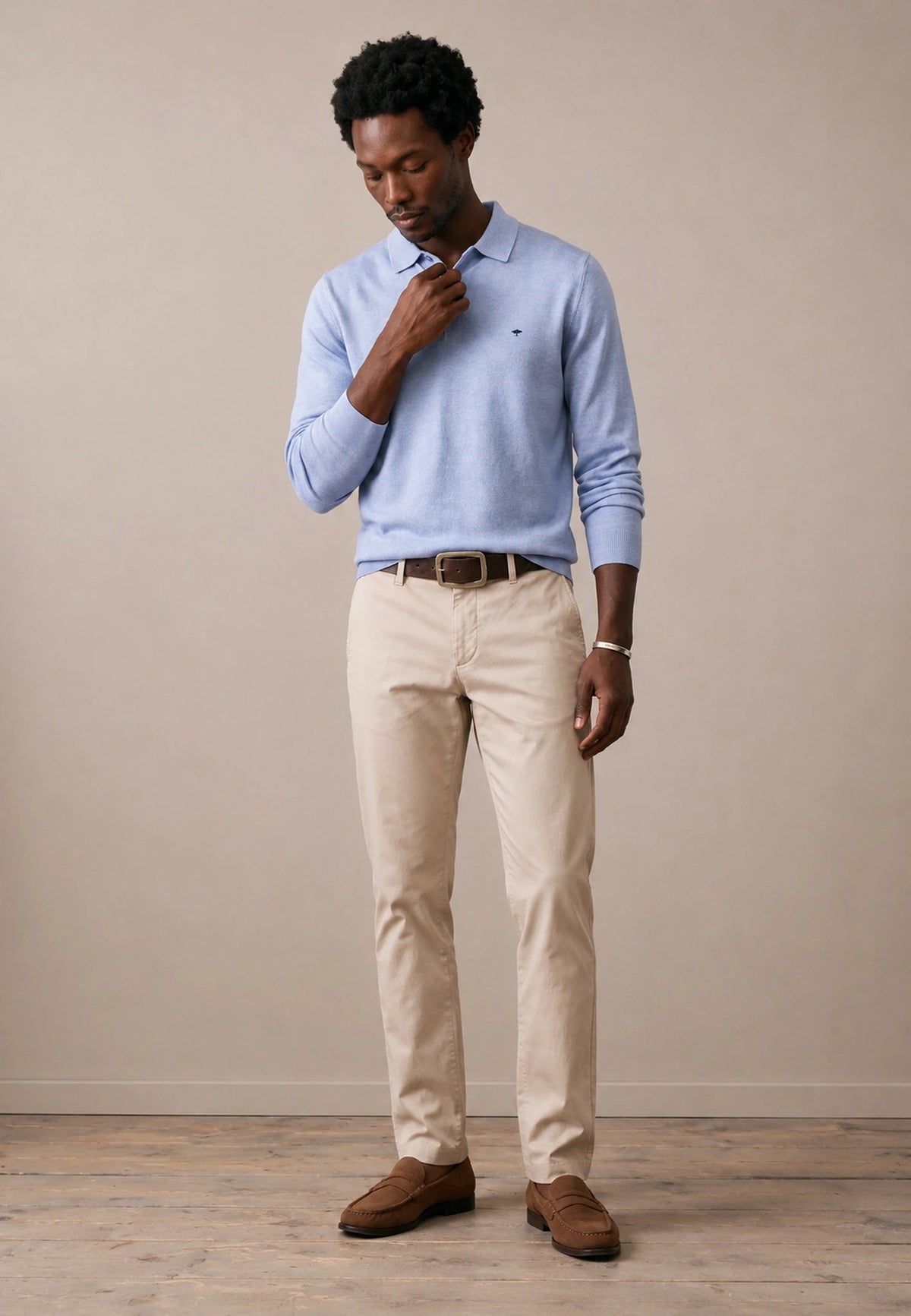 FYNCH HATTON Polo Collar Sweater - Men's Fine Knit Air Cotton – Air Blue - view 3