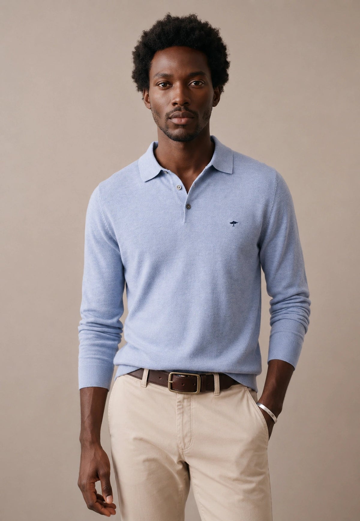 FYNCH HATTON Polo Collar Sweater - Men's Fine Knit Air Cotton – Air Blue - view 2