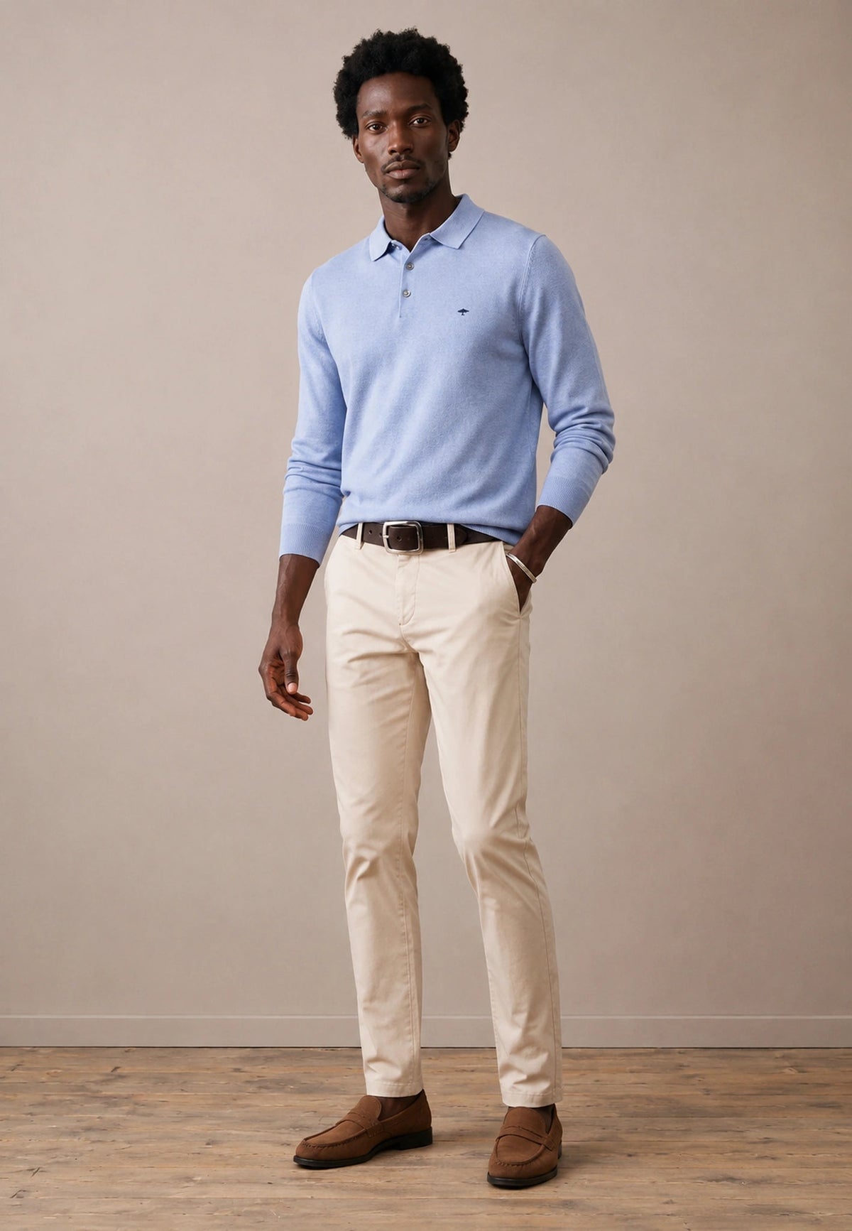 FYNCH HATTON Polo Collar Sweater - Men's Fine Knit Air Cotton – Air Blue - view 4