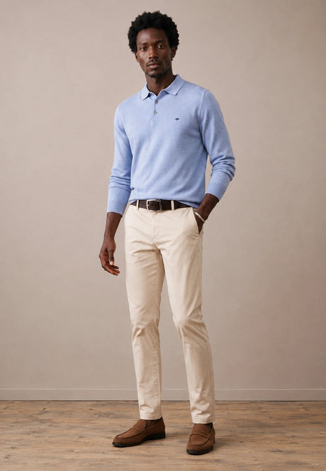 FYNCH HATTON Polo Collar Sweater - Men's Fine Knit Air Cotton – Air Blue - view 4