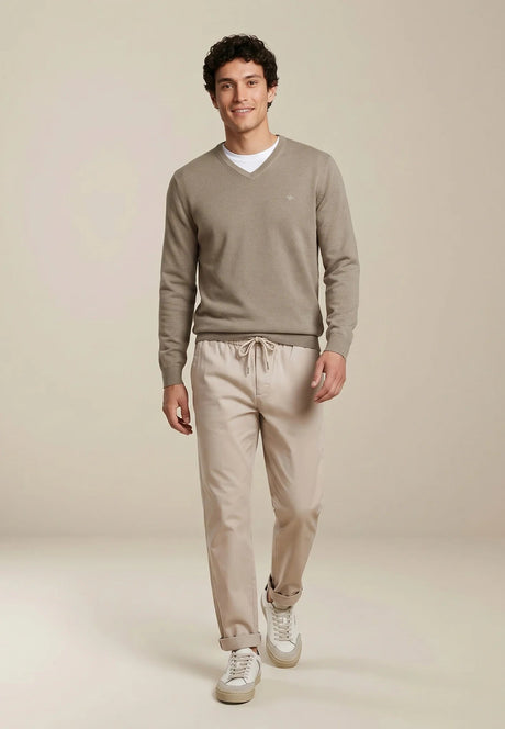 FYNCH HATTON V-Neck Sweater - Men's Fine Knit Cotton – Taupe - view 2