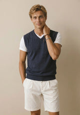 FYNCH HATTON V-Neck Knitted Vest - Men's Fine Cotton – Navy - view 2