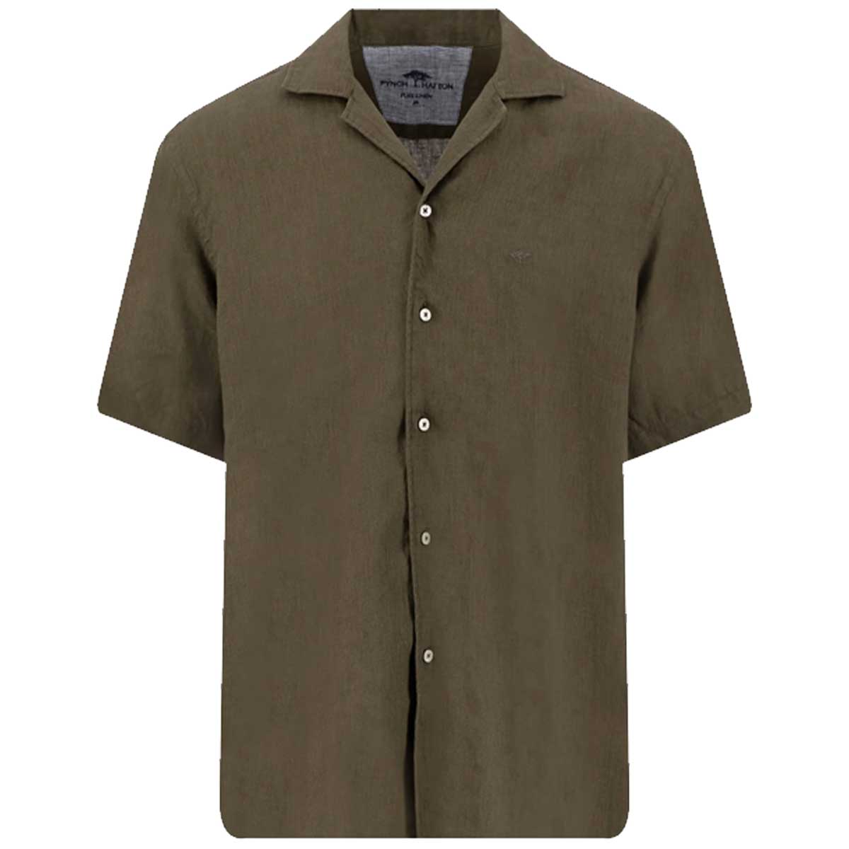 FYNCH HATTON Lapel Collared Short-Sleeve Shirt - Mens Pure Linen - Dark Khaki