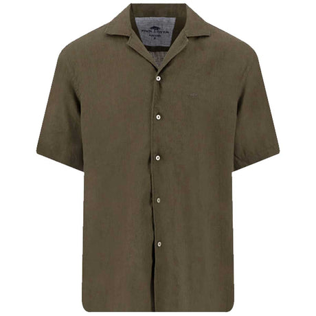 FYNCH HATTON Lapel Collared Short-Sleeve Shirt - Mens Pure Linen - Dark Khaki