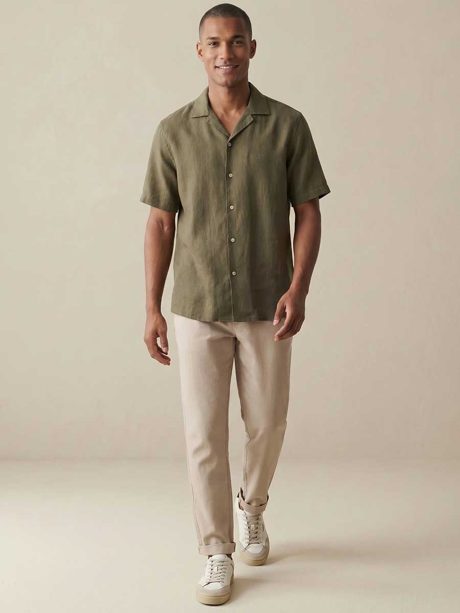 FYNCH HATTON Lapel Collared Short-Sleeve Shirt - Mens Pure Linen - Dark Khaki