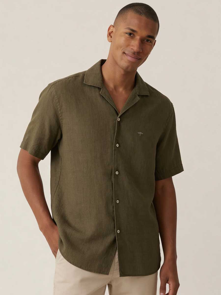 FYNCH HATTON Lapel Collared Short-Sleeve Shirt - Mens Pure Linen - Dark Khaki
