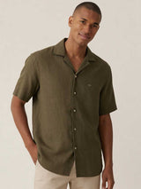 FYNCH HATTON Lapel Collared Short-Sleeve Shirt - Mens Pure Linen - Dark Khaki