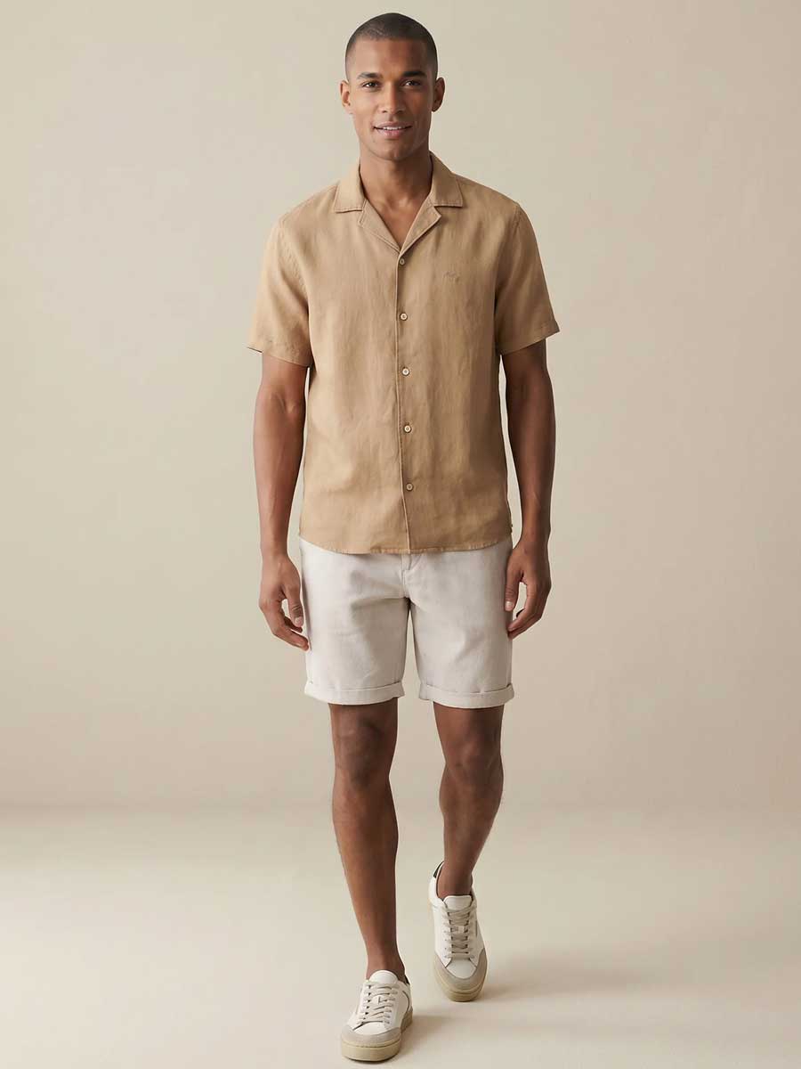 FYNCH HATTON Lapel Collared Short-Sleeve Shirt - Mens Pure Linen - Elephant Grey