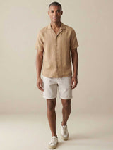 FYNCH HATTON Lapel Collared Short-Sleeve Shirt - Mens Pure Linen - Elephant Grey