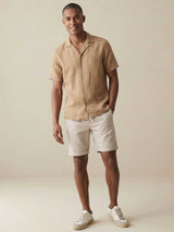 FYNCH HATTON Lapel Collared Short-Sleeve Shirt - Mens Pure Linen - Elephant Grey