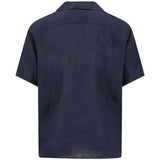 FYNCH HATTON Lapel Collared Short-Sleeve Shirt - Mens Pure Linen - Navy